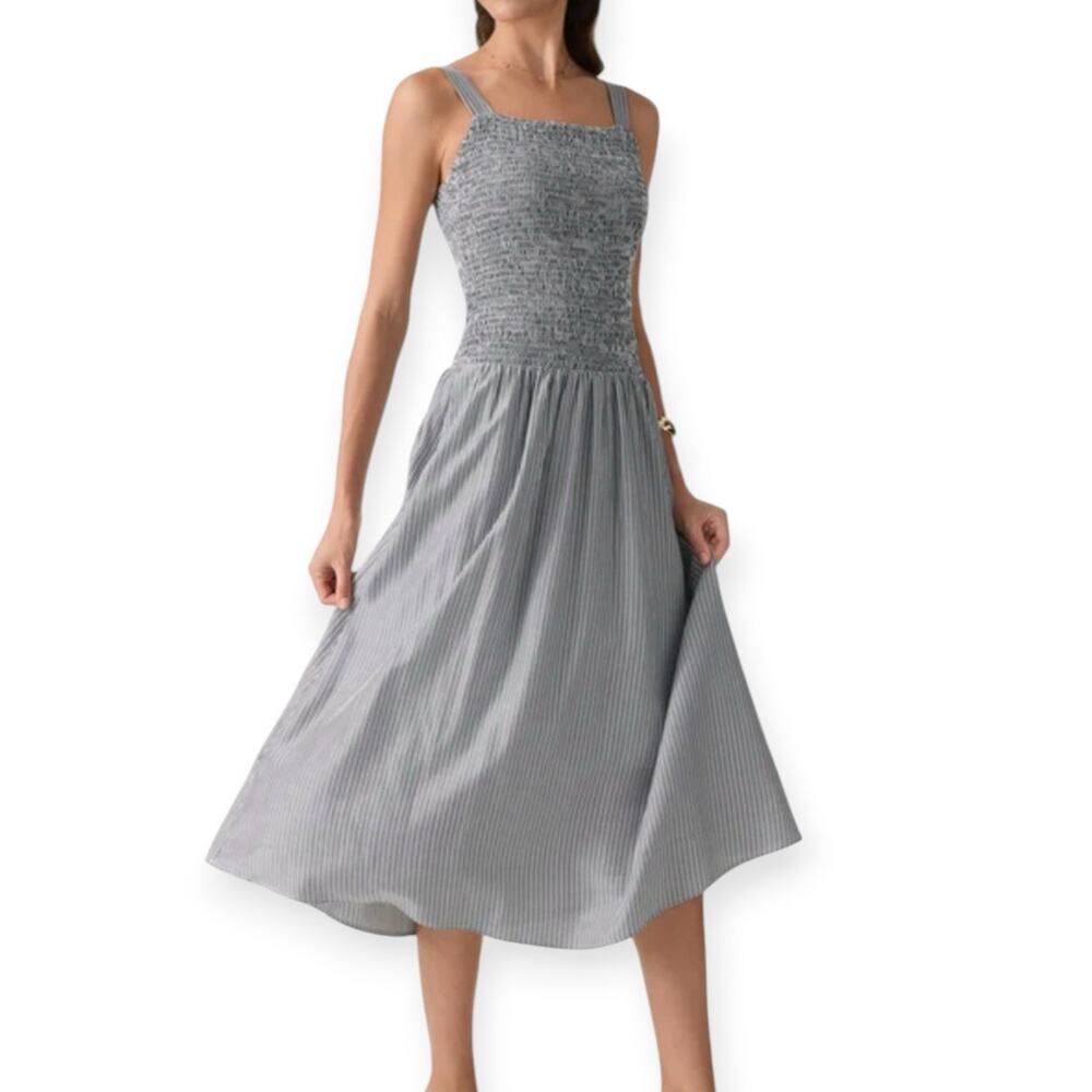 NWT OGL Striped Poplin Square Neck Smocked Midi Bra Dress Sz Medium Gray Stripe